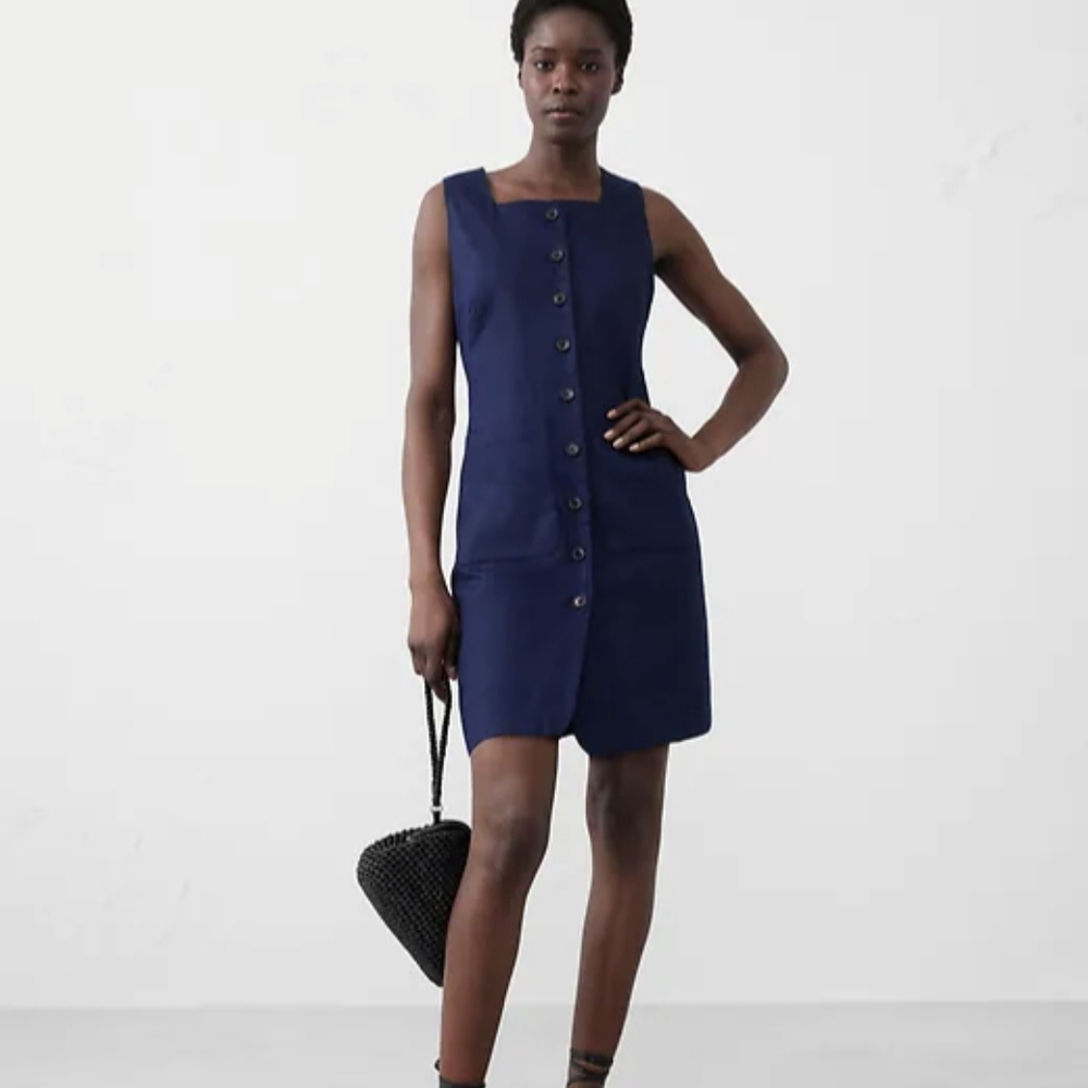 Banana Republic Linen Navy Sleeveless Button-Up Dress